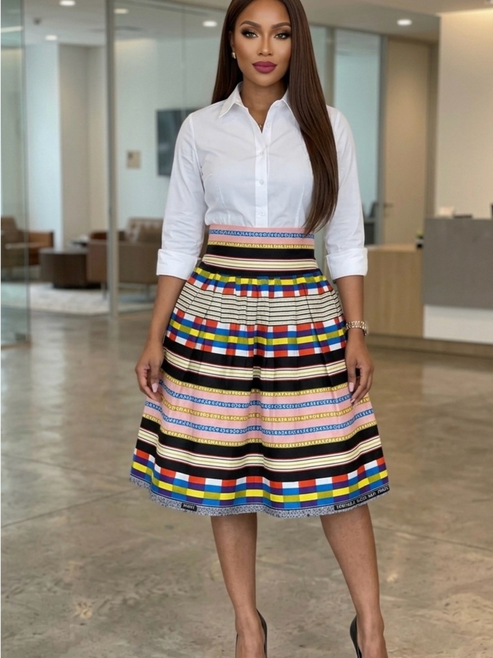 African Print Striped Multi-Color A-Line Skirt - White